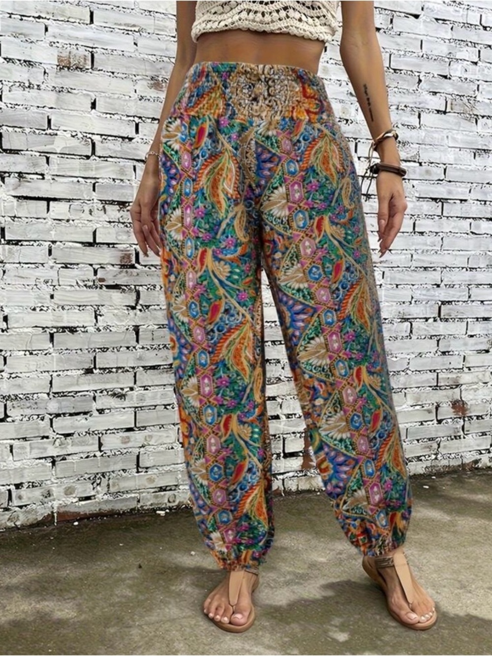 Bohemian Print Elastic-Waist Harem Pants - Multicolor